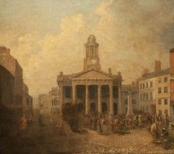 Painting of a view across market square in Lancaster with a crowd of people beside a fountain in front of the old town hall, a large stone building in classical style with columns supporting a triangular portico, topped by a small round clock tower. 